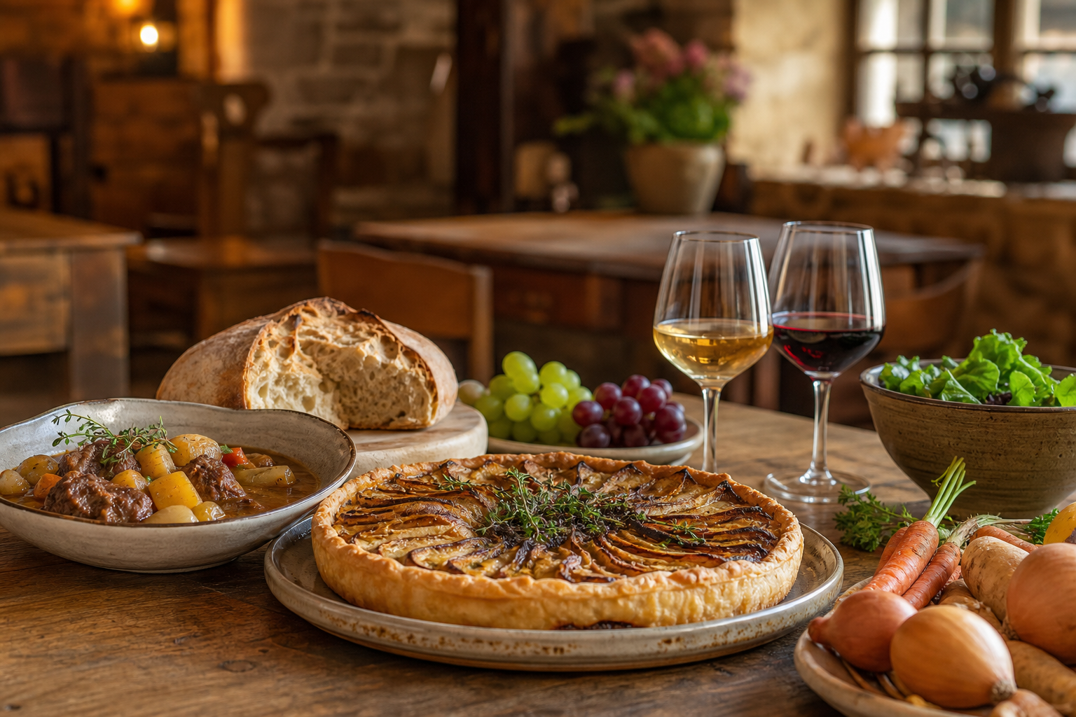 Table de weinstube avec tarte salée, plat mijoté, pain, légumes et verres de vin