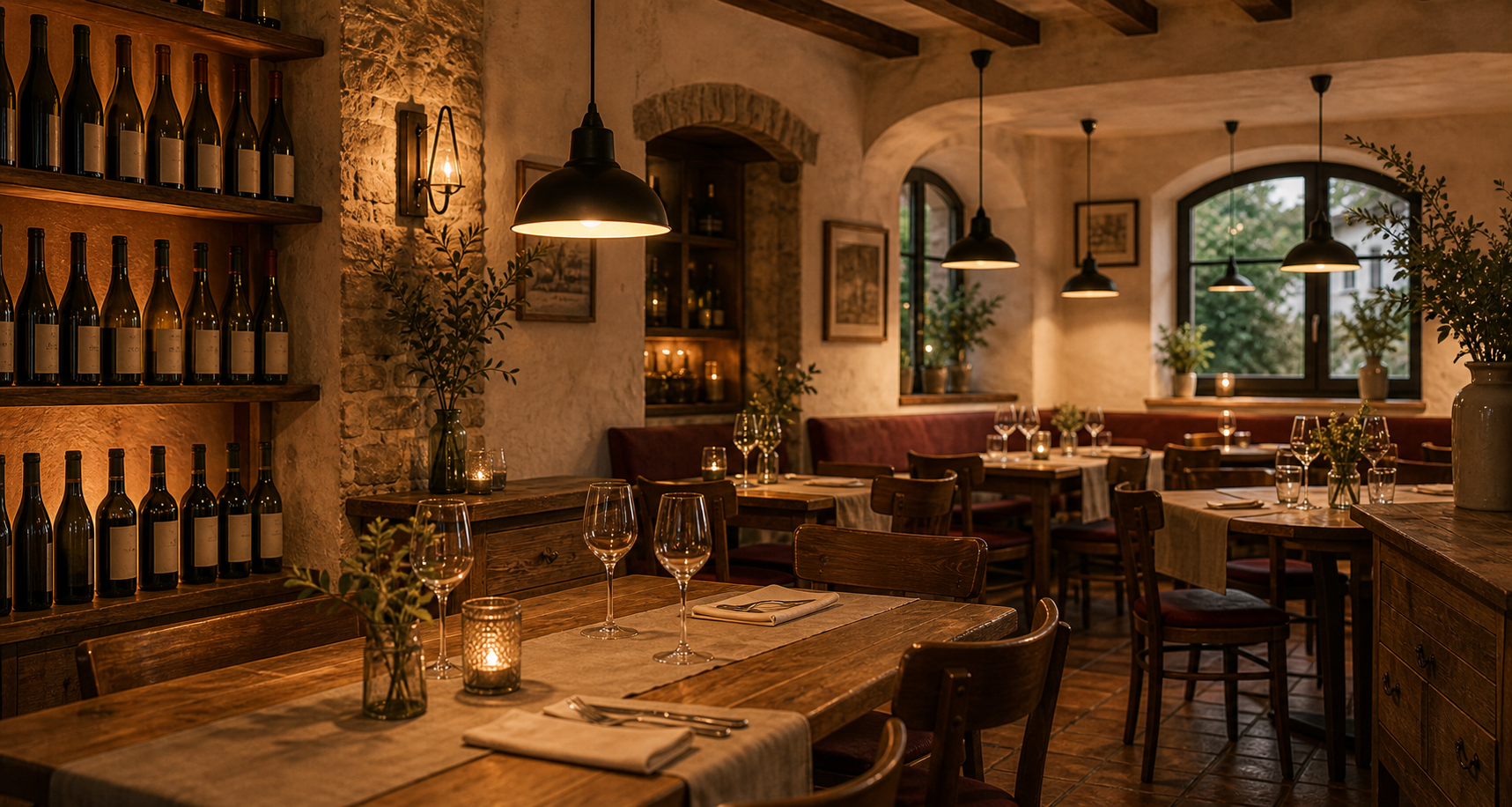 Salle chaleureuse de weinstube avec tables en bois, verres et lumière douce