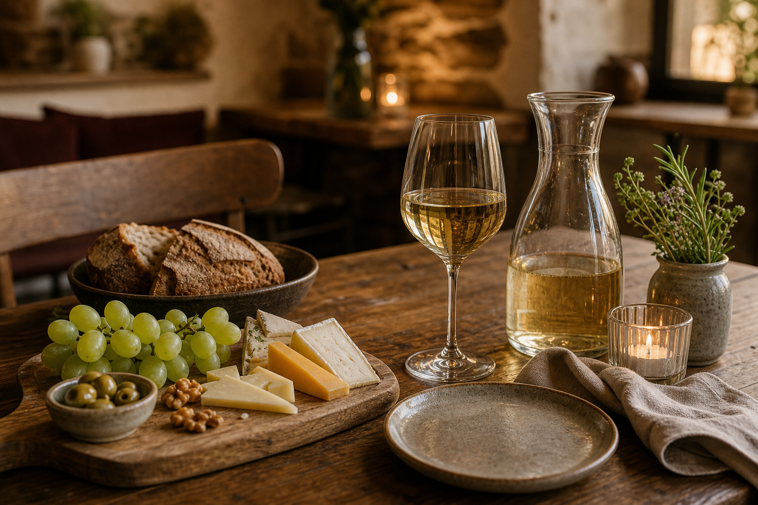 Table de weinstube avec vin blanc, pain, raisins, fromages et bougie